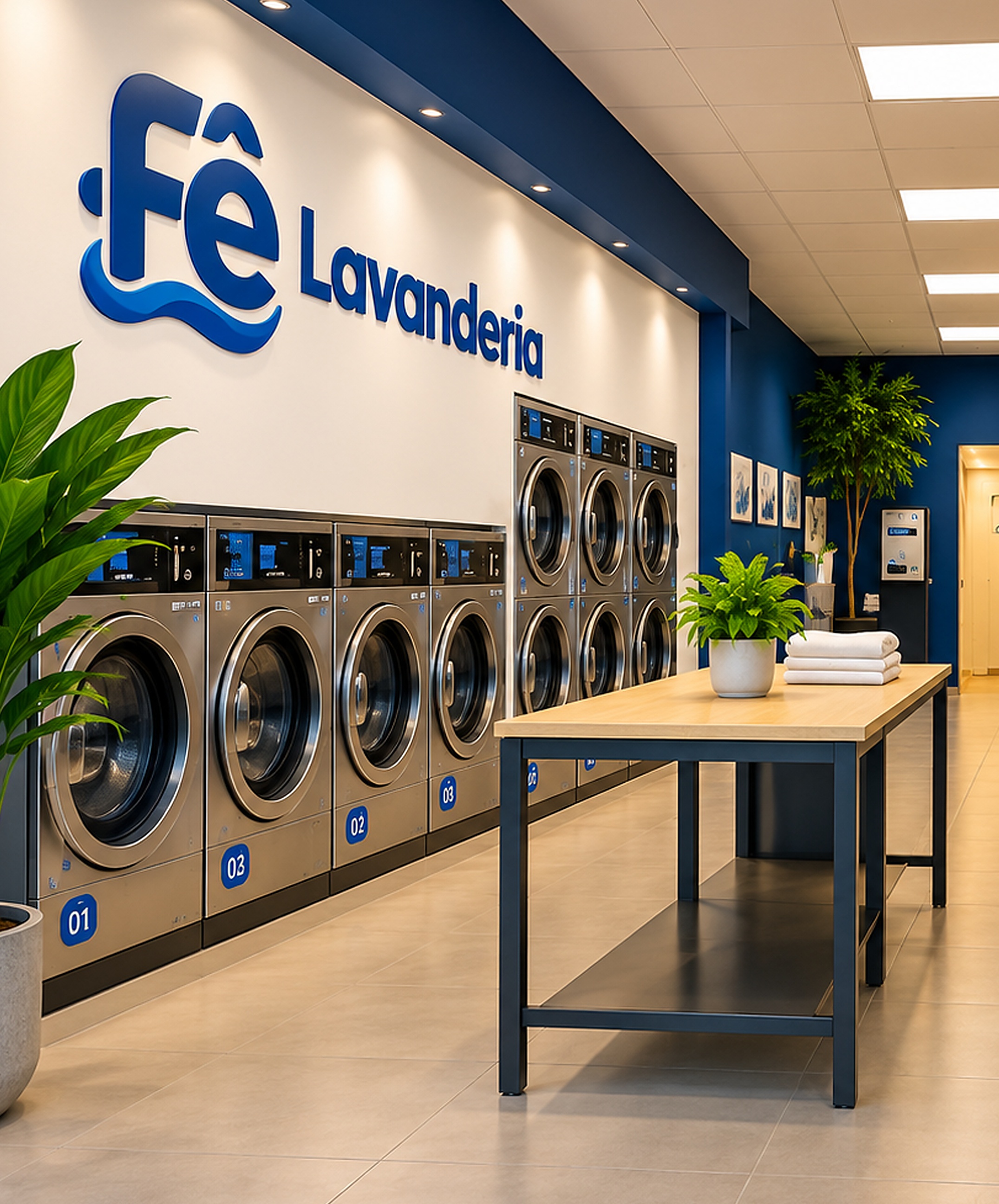 Máquinas e estrutura moderna da Fê Lavanderia
